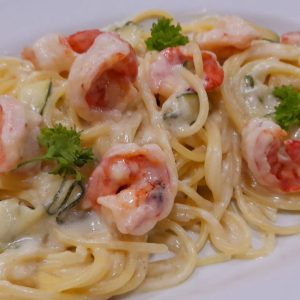 Spaguetti Camarones y Zucchini