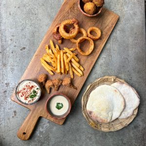 Fried Coliflower, Onions Ring, French Fries & Falafels.